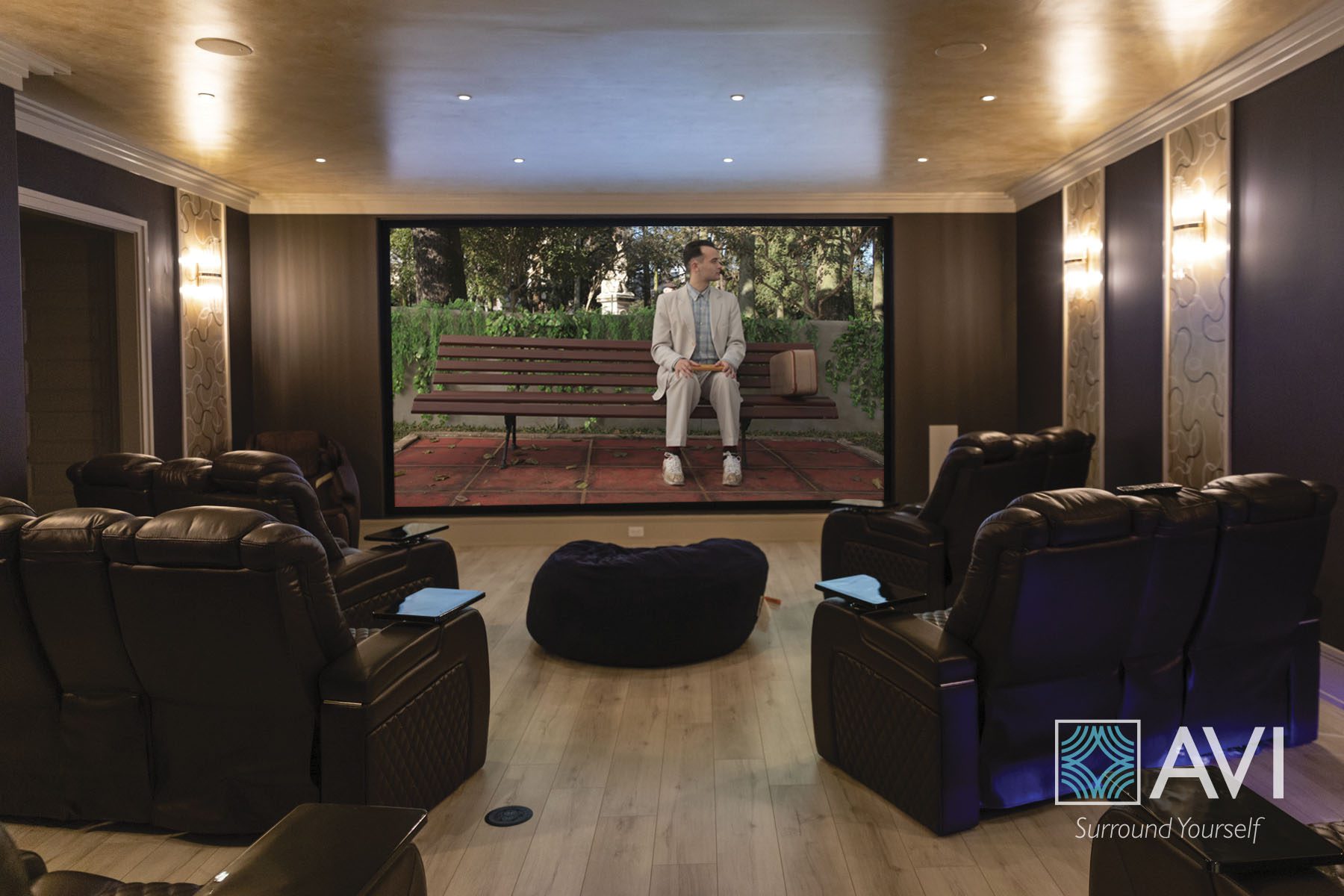 A theater room with bean bag chair